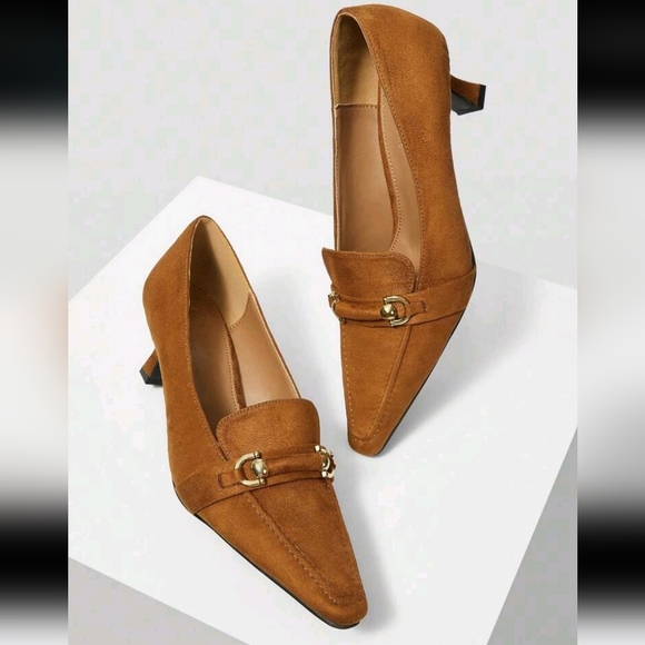 FRENCH RETRO BRITISH STYLE VELVET SQUARE TOE HIGH HEEL SHOES WITH METAL BUCKLE - Picture 3 of 6